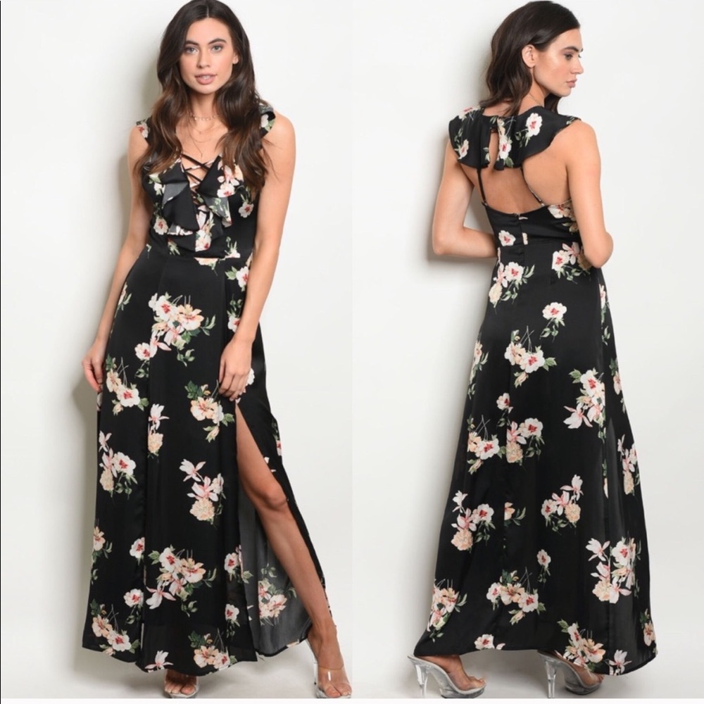 Black floral maxi cocktail dress